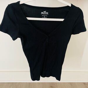 Hollister Women's Black V-Neck Top Ribbed Button Front Size S